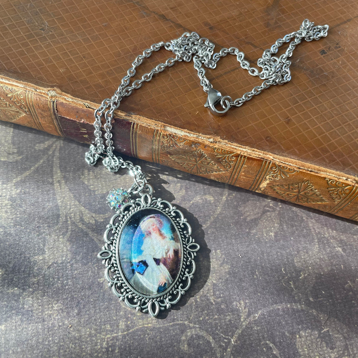 Portrait of a Lady with a Book Pendant Necklace, Silver Necklace, Portrait Necklace, 18” silver chain