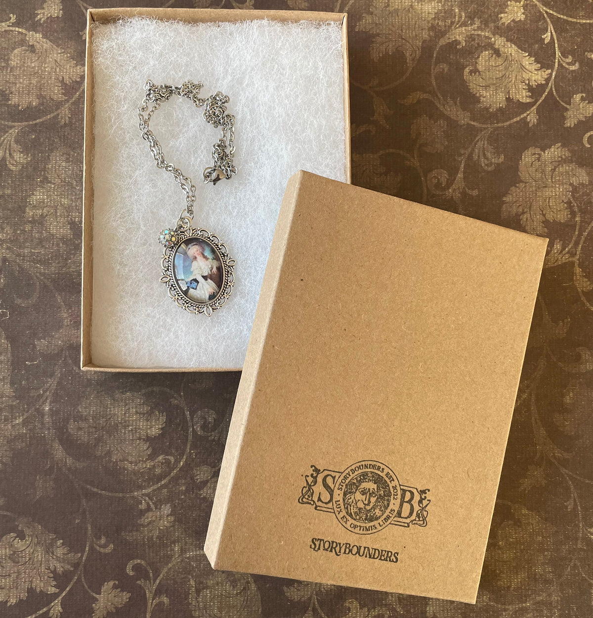 Portrait of a Lady with a Book Pendant Necklace, Silver Necklace, Portrait Necklace, 18” silver chain