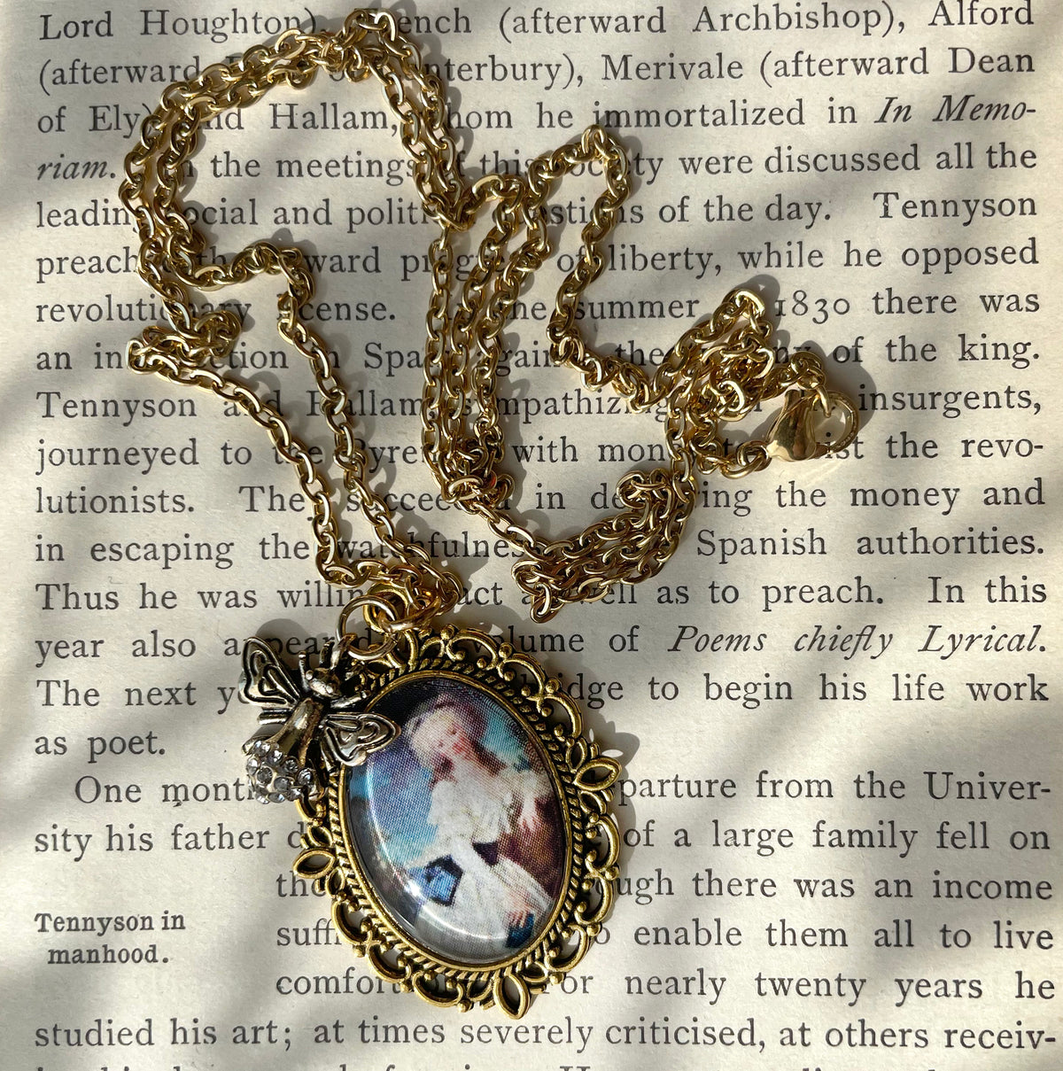 Portrait of a Lady with a Book Pendant Necklace, Gold Necklace, Portrait Necklace, 20” gold chain