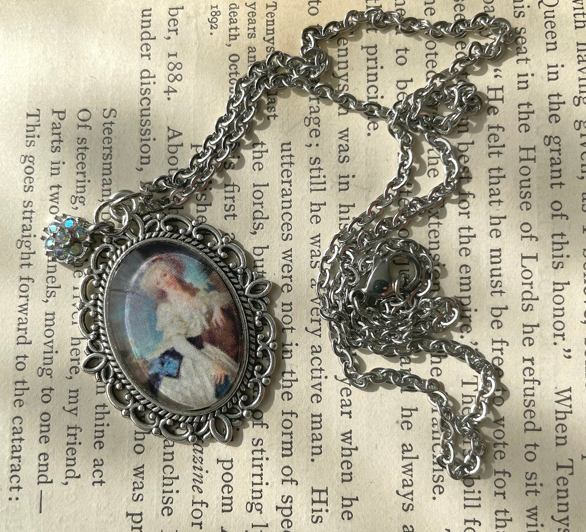 Portrait of a Lady with a Book Pendant Necklace, Silver Necklace, Portrait Necklace, 18” silver chain