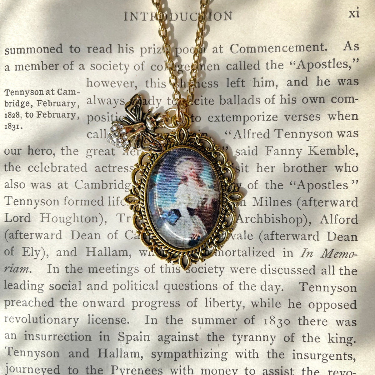 Portrait of a Lady with a Book Pendant Necklace, Gold Necklace, Portrait Necklace, 20” gold chain