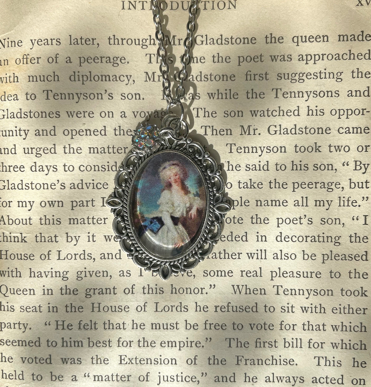 Portrait of a Lady with a Book Pendant Necklace, Silver Necklace, Portrait Necklace, 18” silver chain