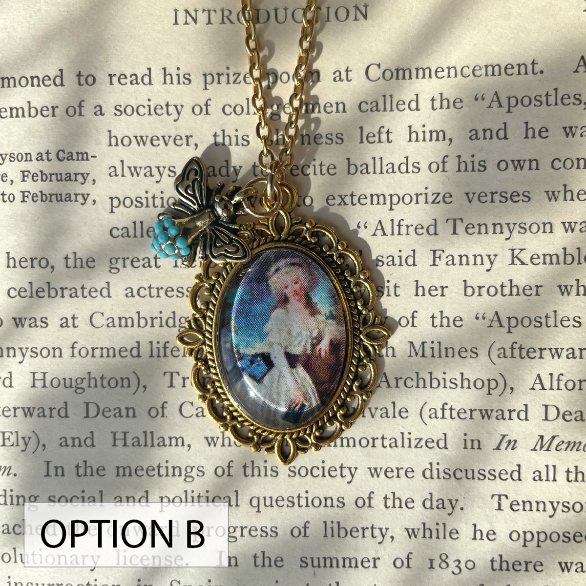 Portrait of a Lady with a Book Pendant Necklace, Gold Necklace, Portrait Necklace, 20” gold chain