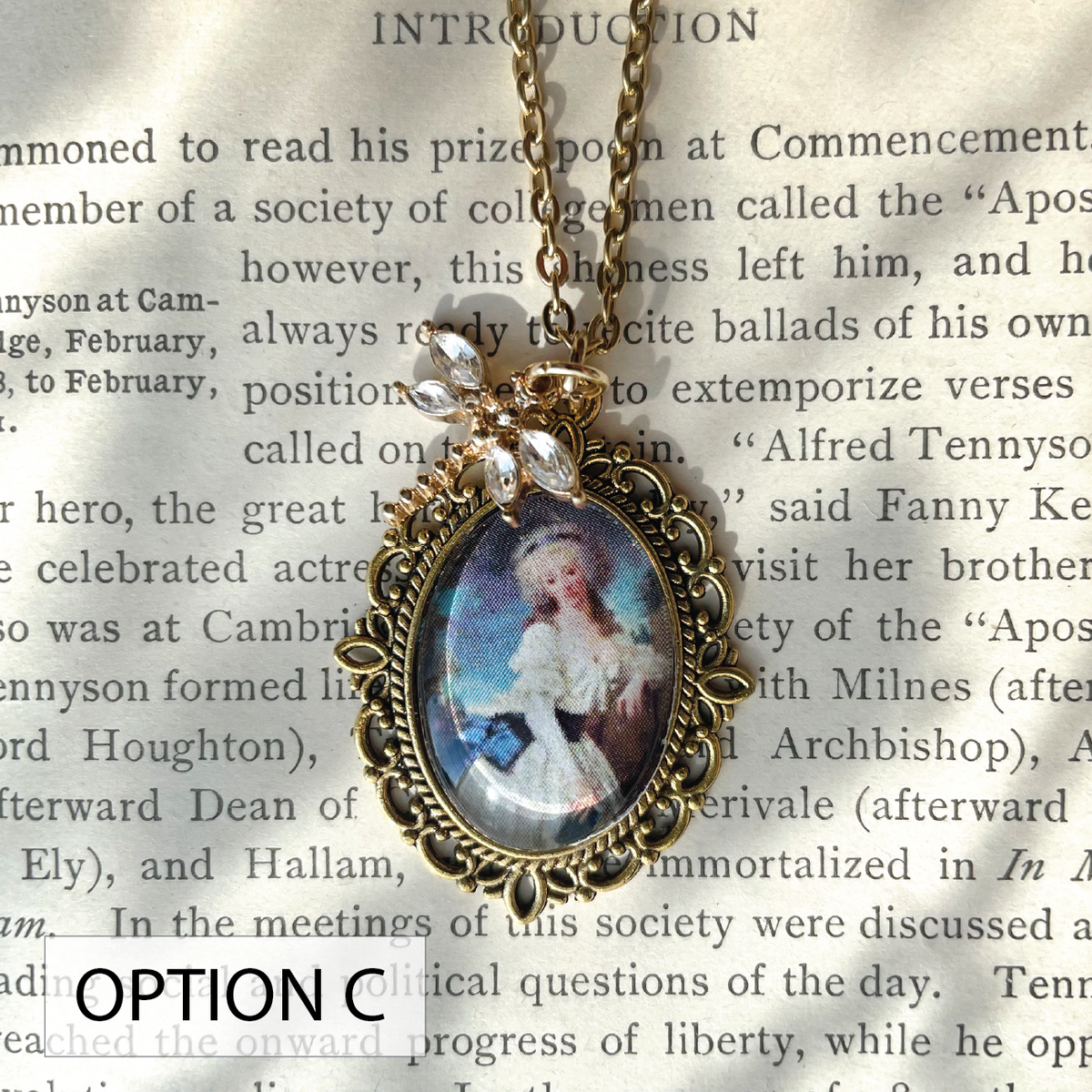 Portrait of a Lady with a Book Pendant Necklace, Gold Necklace, Portrait Necklace, 20” gold chain