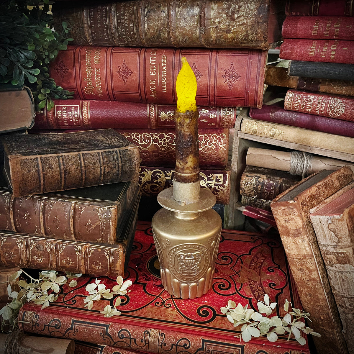 Antique Gold Candlestick with Flickering Wax Candle, Battery-Operated
