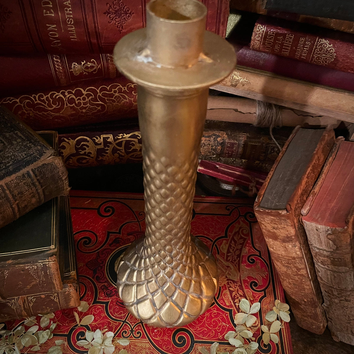 Dark Academia Gold Candlestick with Flickering Wax Candle, Battery-Operated