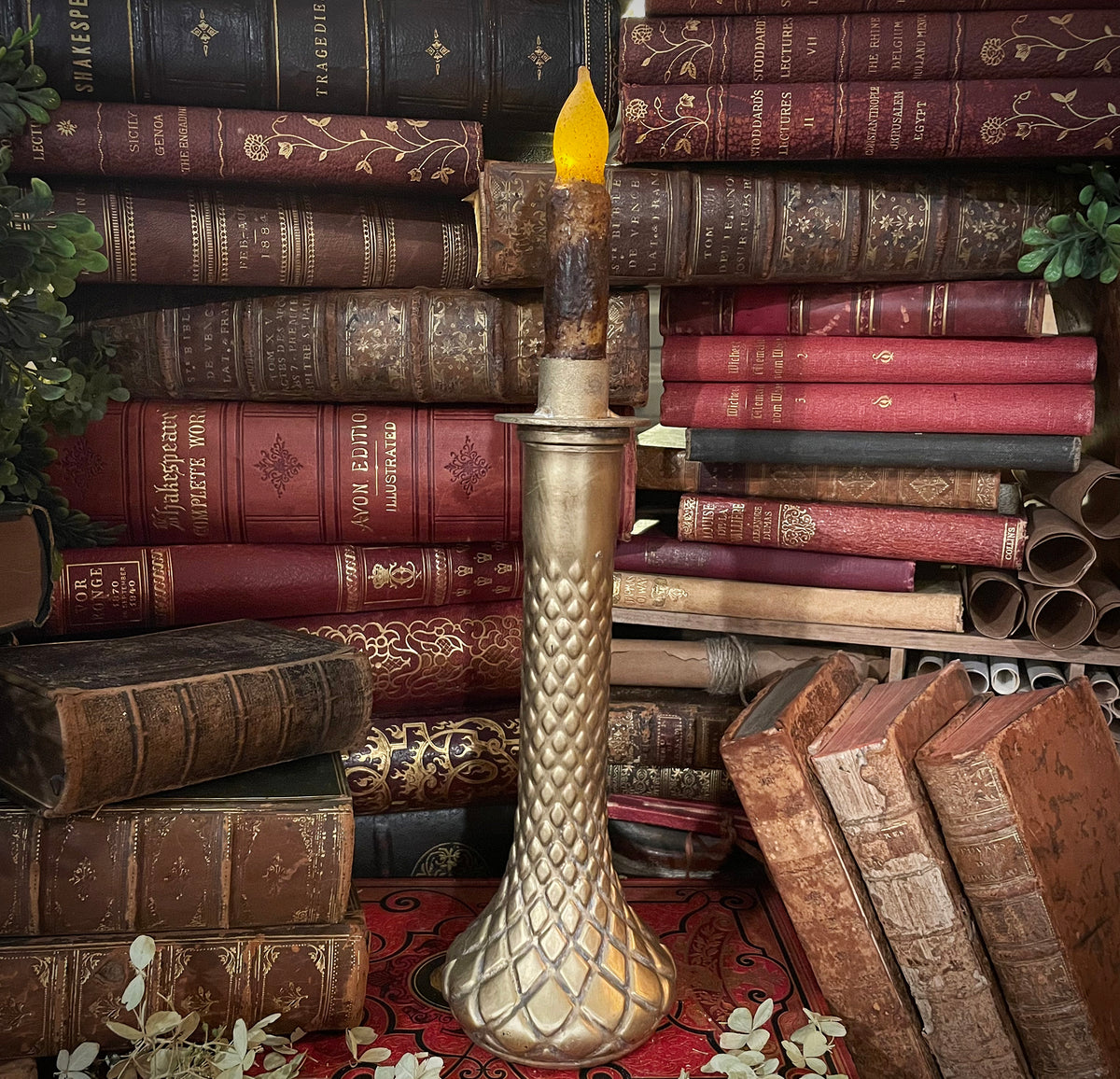 Dark Academia Gold Candlestick with Flickering Wax Candle, Battery-Operated