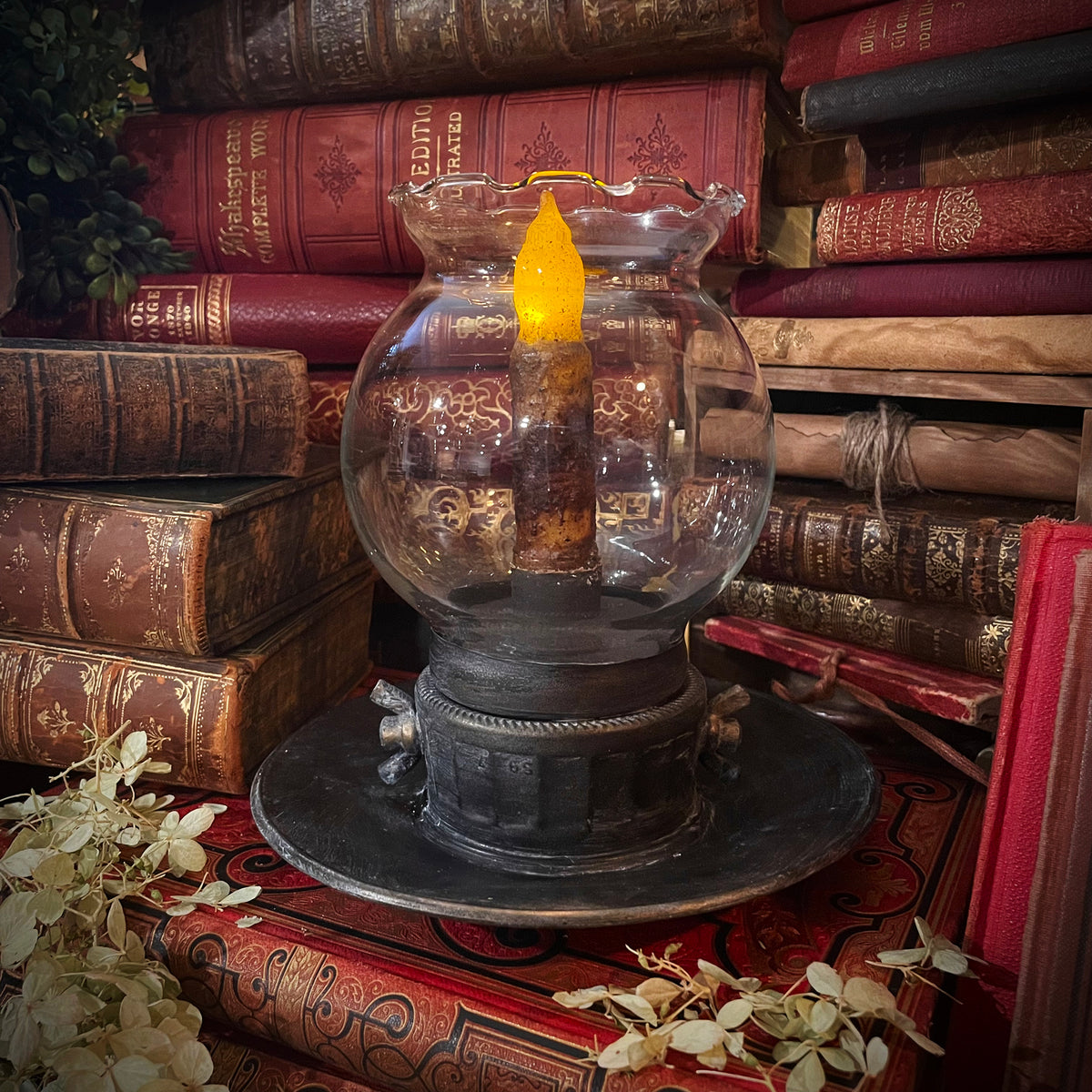 Globe Candle Lantern, Lantern with Battery Operated Wax Candle, Rustic Lantern, Library Lantern