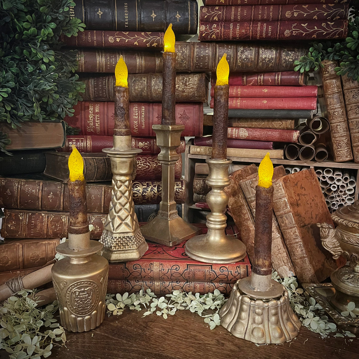 Antique Gold Candlestick with Flickering Wax Candle, Battery-Operated