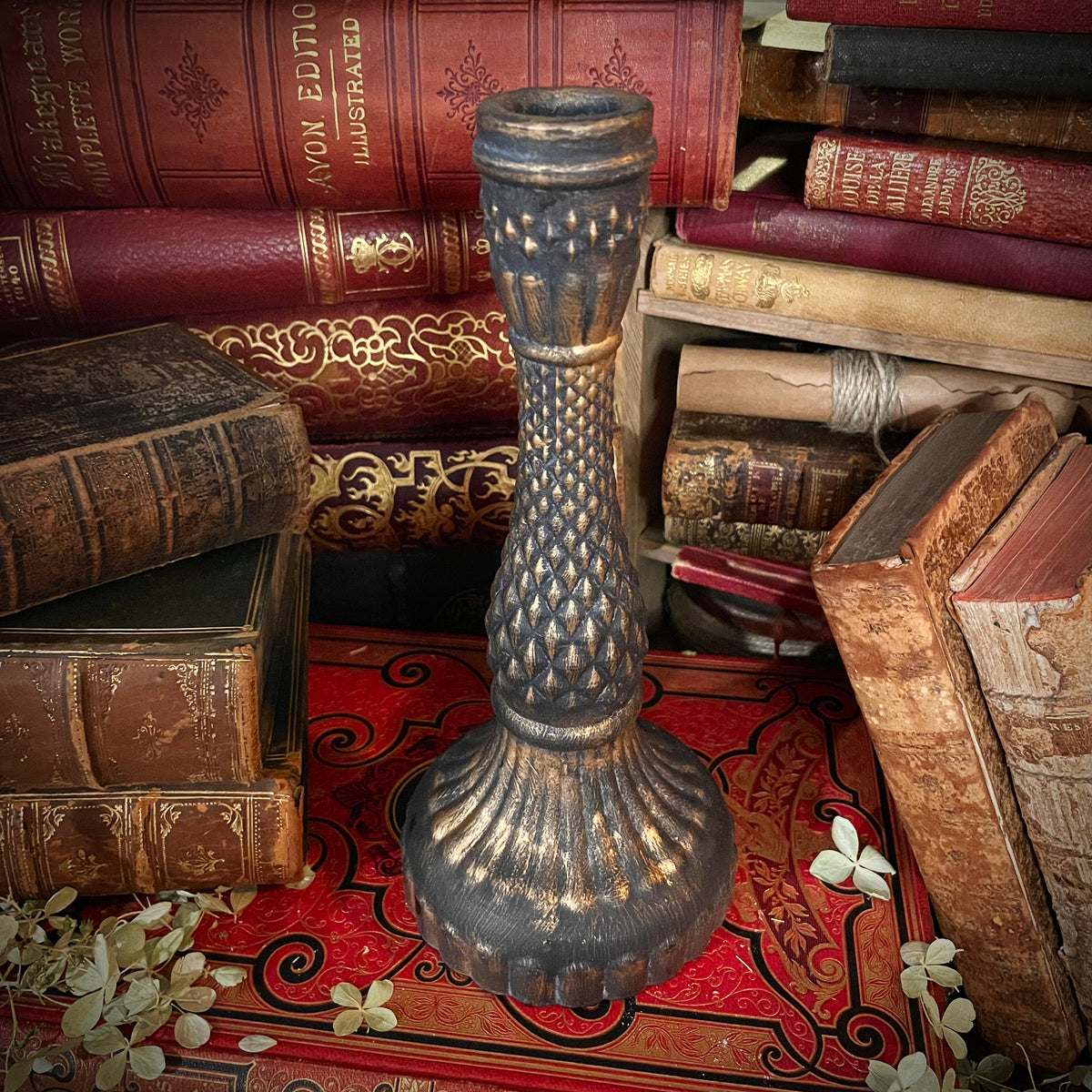 Antique Black Candlestick with Flickering Wax Candle, Battery-Operated