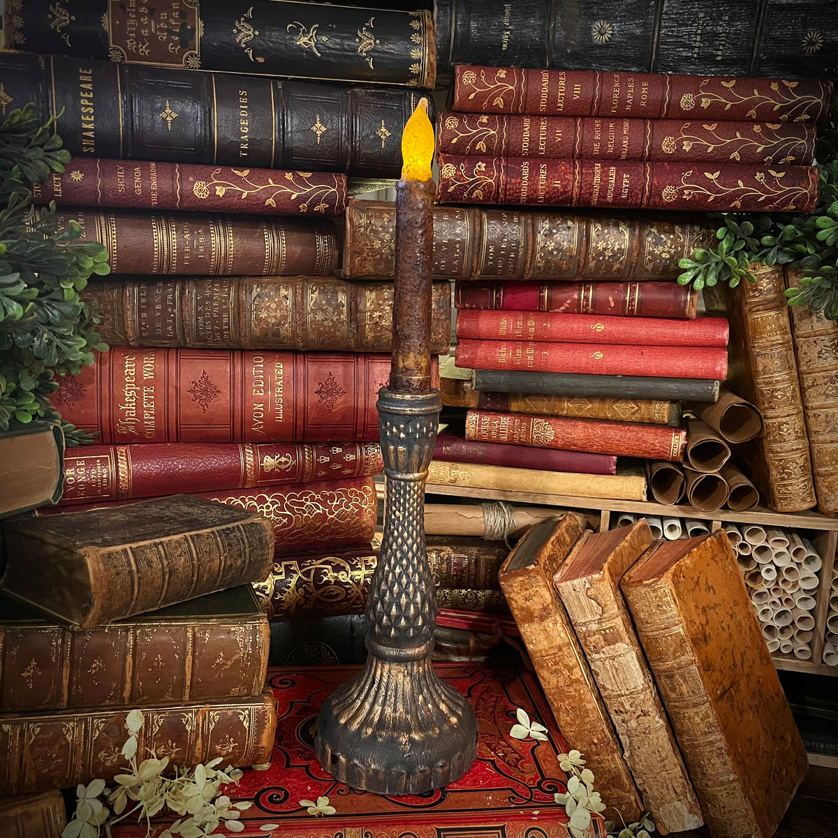 Antique Black Candlestick with Flickering Wax Candle, Battery-Operated