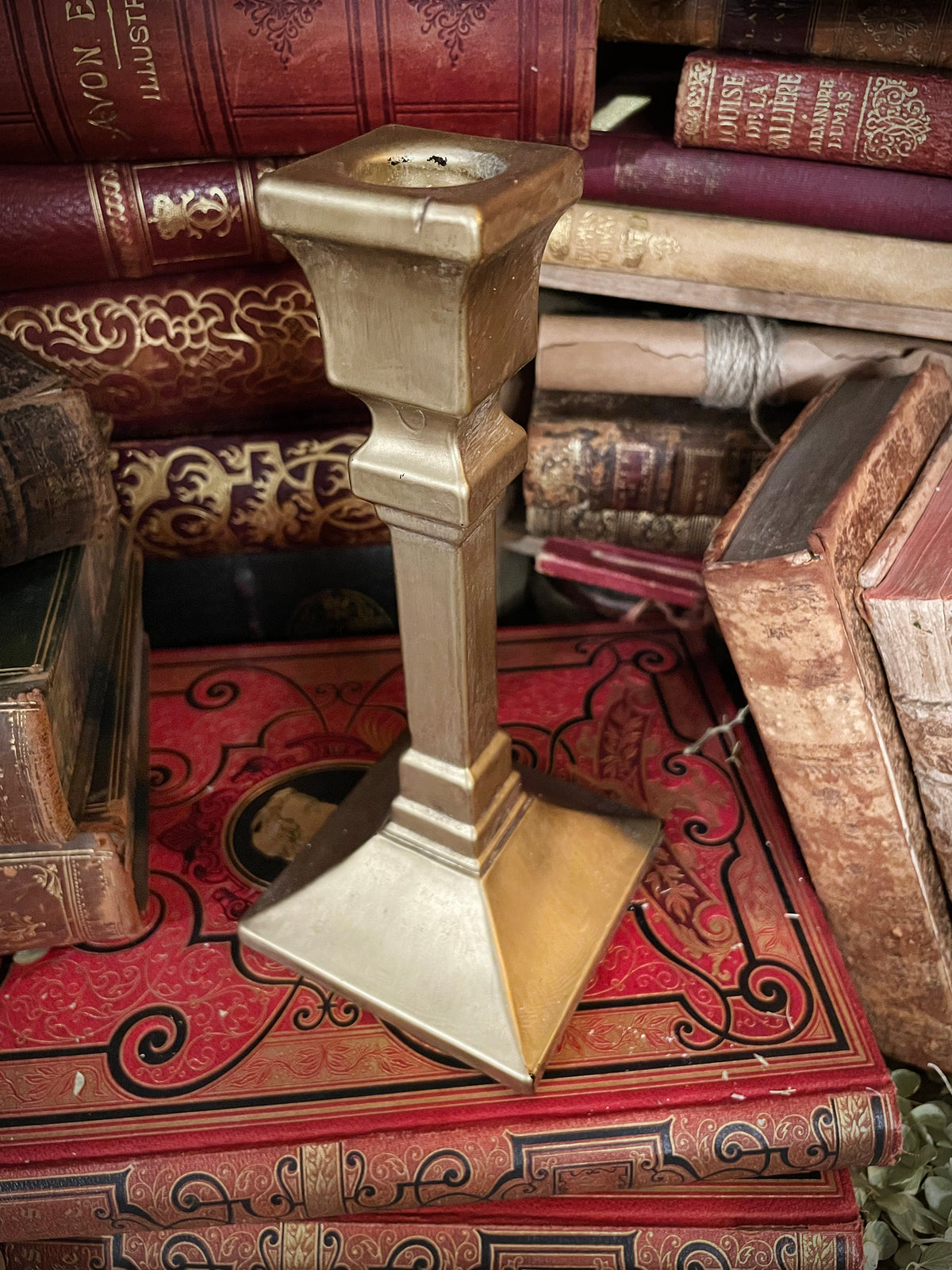 Dark Academia Gold Candlestick with Flickering Wax Candle, Battery-Operated