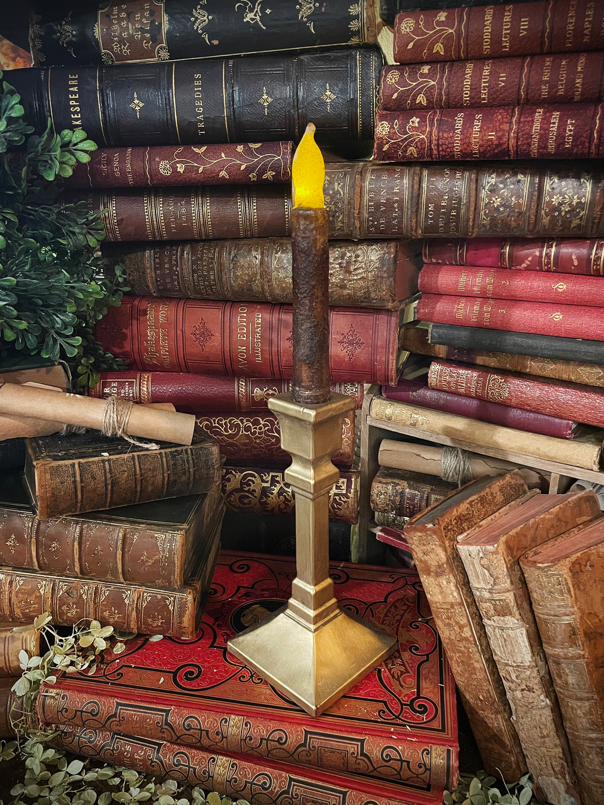 Dark Academia Gold Candlestick with Flickering Wax Candle, Battery-Operated