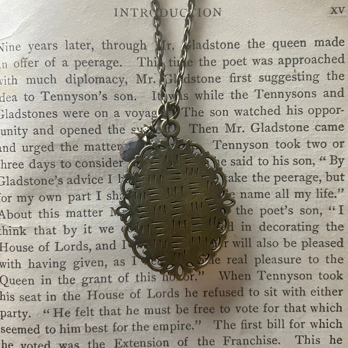 Portrait of Girl in Green Reading Pendant Necklace, Bronze Necklace, Portrait Necklace, 18” bronze chain