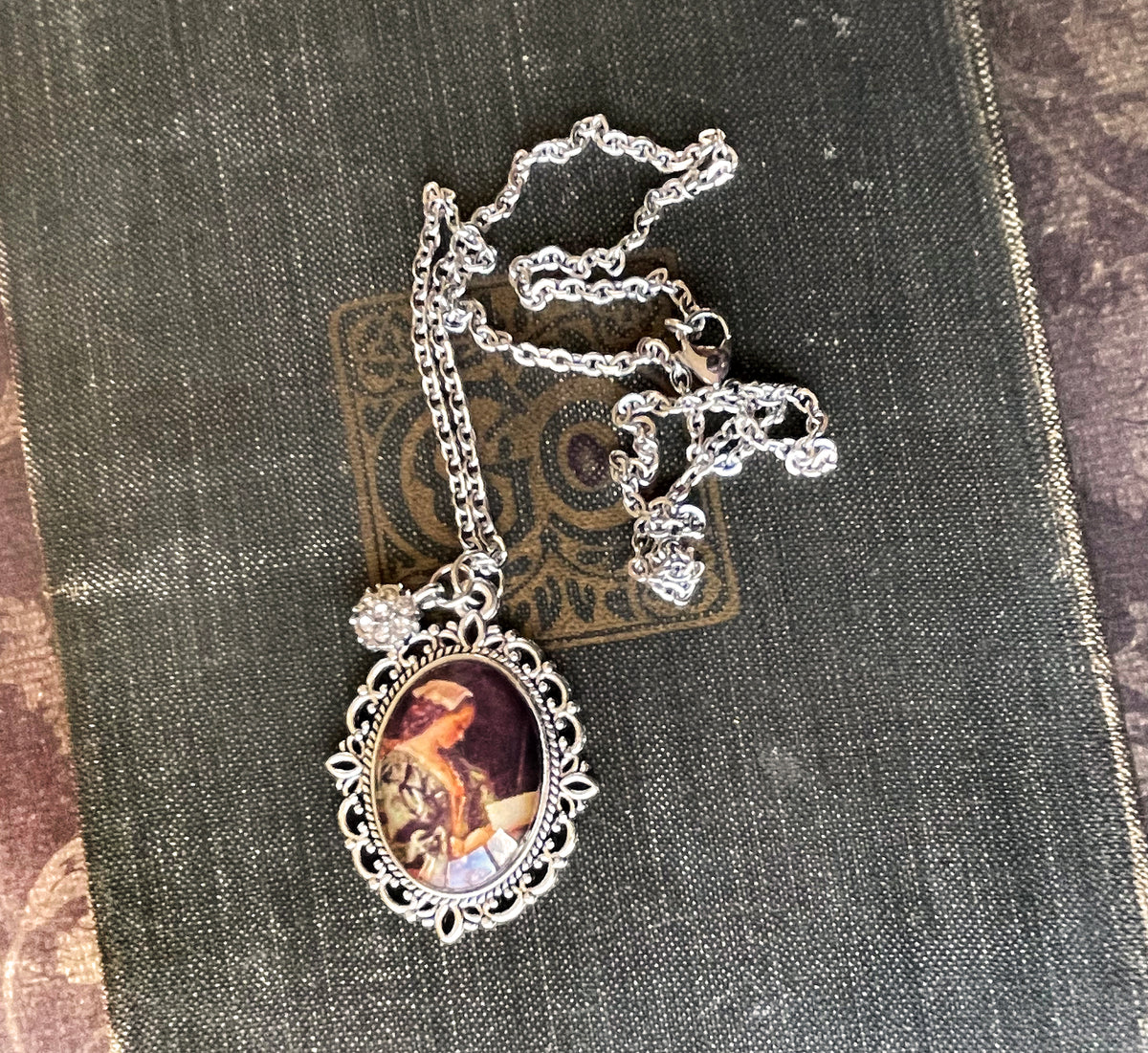 Portrait of Girl in Green Reading Pendant Necklace, Silver Necklace, Portrait Necklace, 18” silver chain