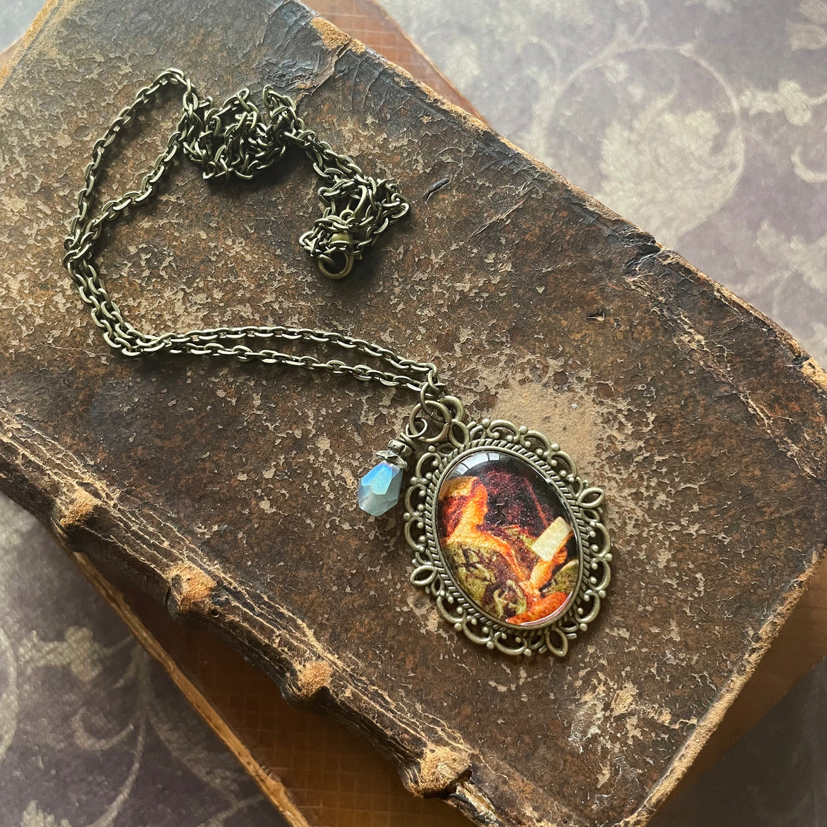 Portrait of Girl in Green Reading Pendant Necklace, Bronze Necklace, Portrait Necklace, 18” bronze chain