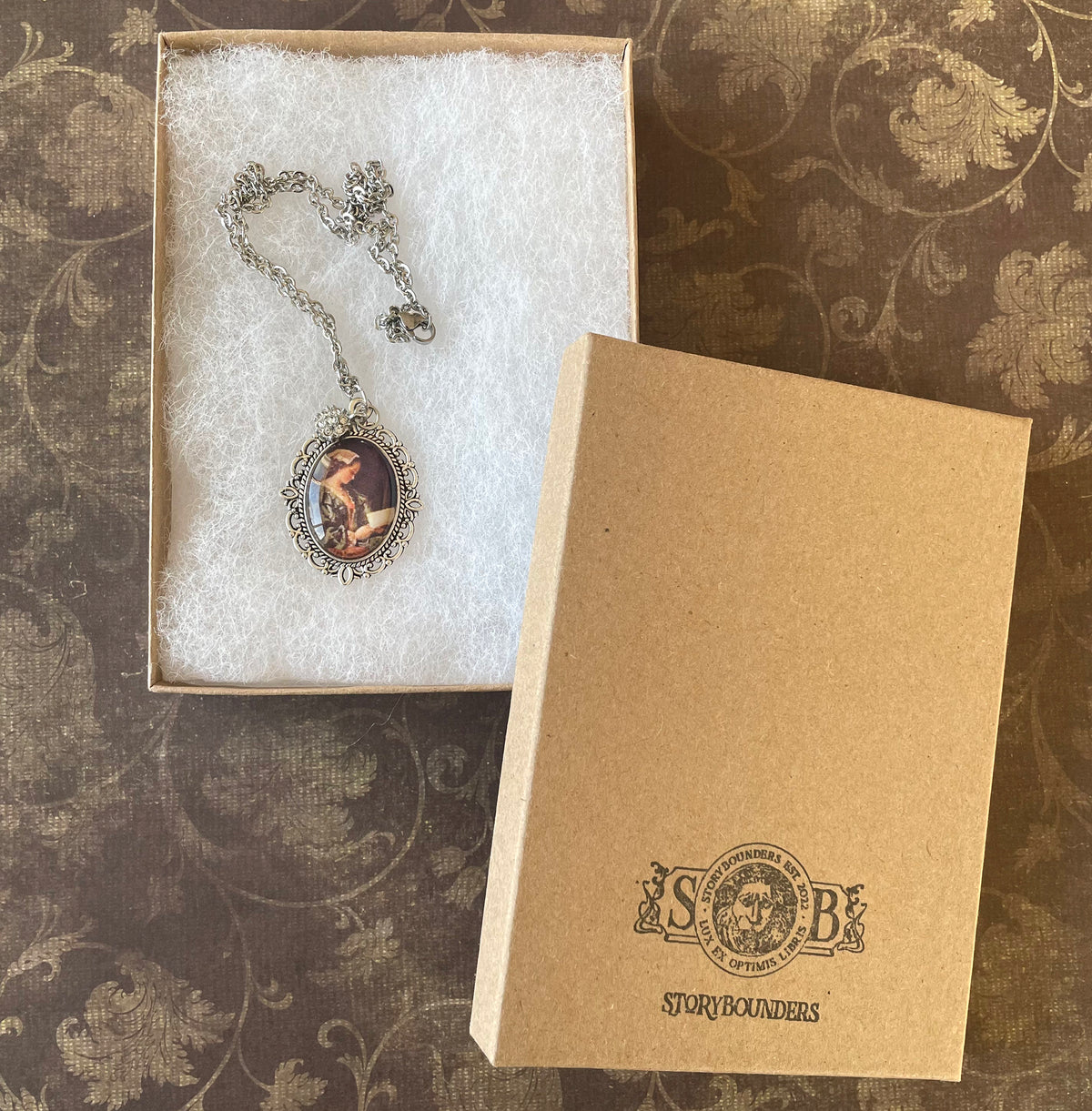 Portrait of Girl in Green Reading Pendant Necklace, Silver Necklace, Portrait Necklace, 18” silver chain