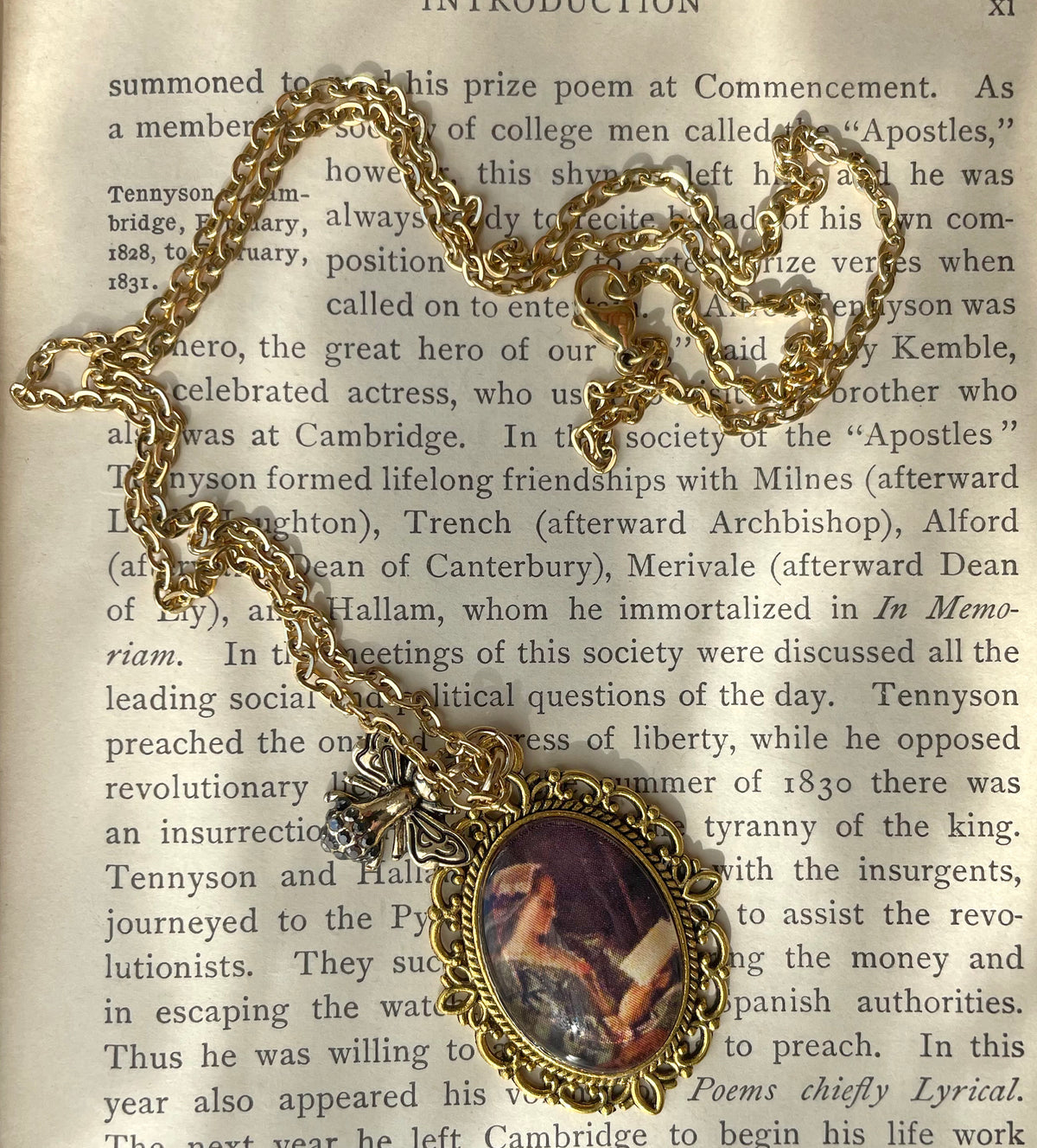 Portrait of Girl in Green Reading Pendant Necklace, Gold Necklace, Portrait Necklace, 20” gold chain