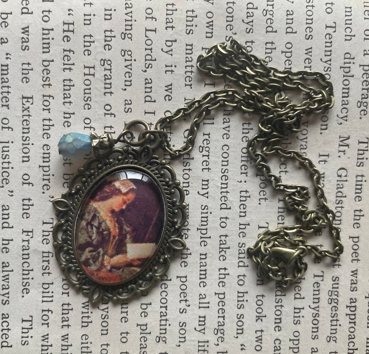 Portrait of Girl in Green Reading Pendant Necklace, Bronze Necklace, Portrait Necklace, 18” bronze chain