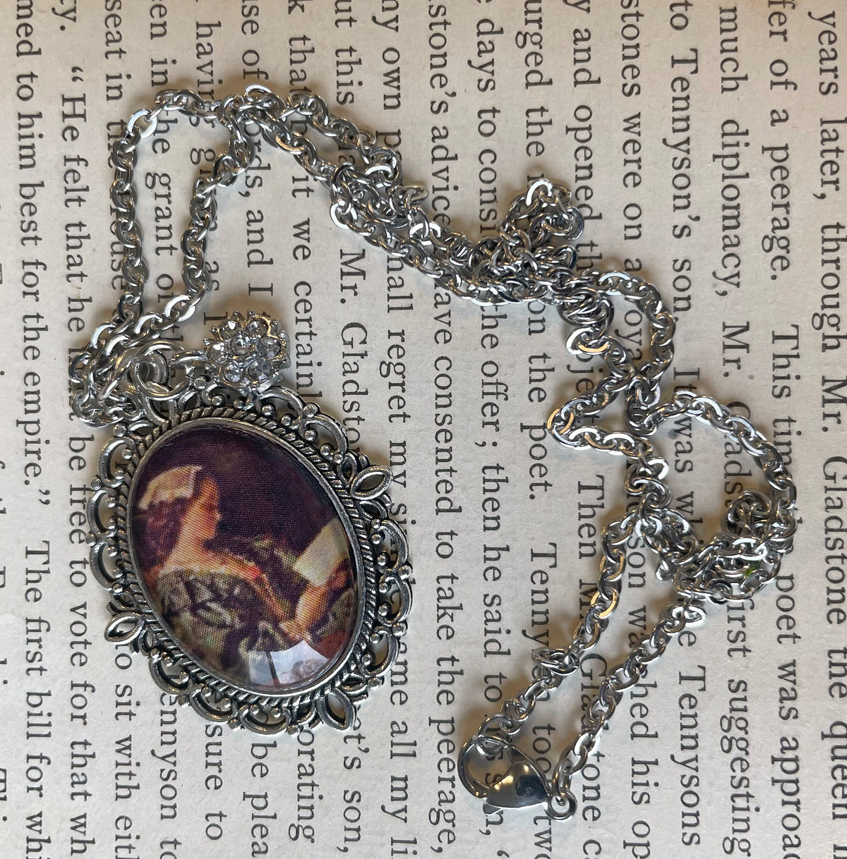 Portrait of Girl in Green Reading Pendant Necklace, Silver Necklace, Portrait Necklace, 18” silver chain