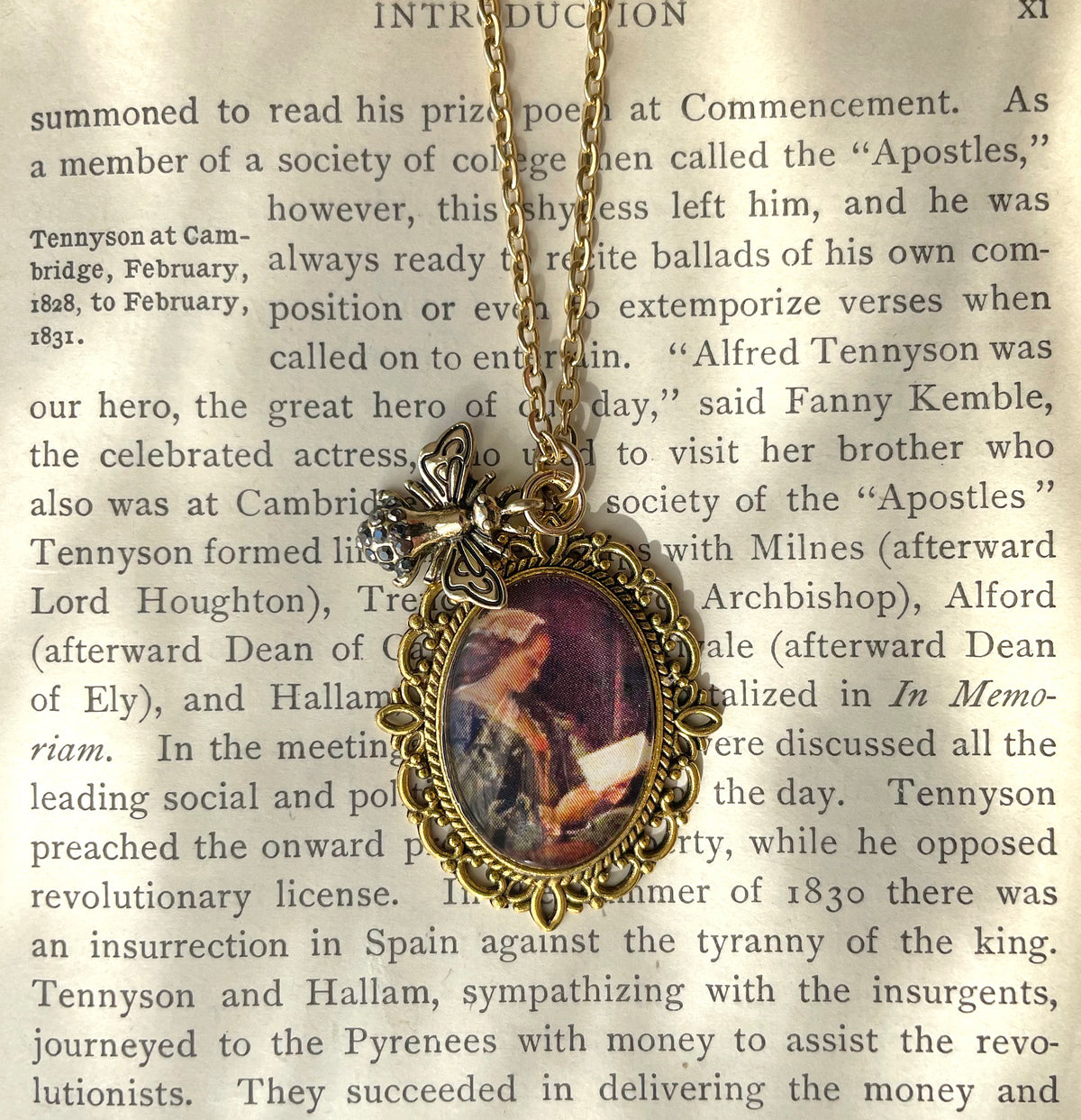 Portrait of Girl in Green Reading Pendant Necklace, Gold Necklace, Portrait Necklace, 20” gold chain