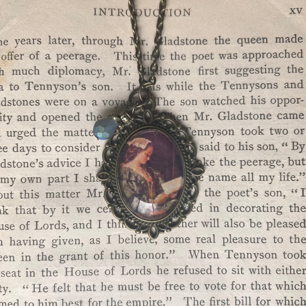 Portrait of Girl in Green Reading Pendant Necklace, Bronze Necklace, Portrait Necklace, 18” bronze chain