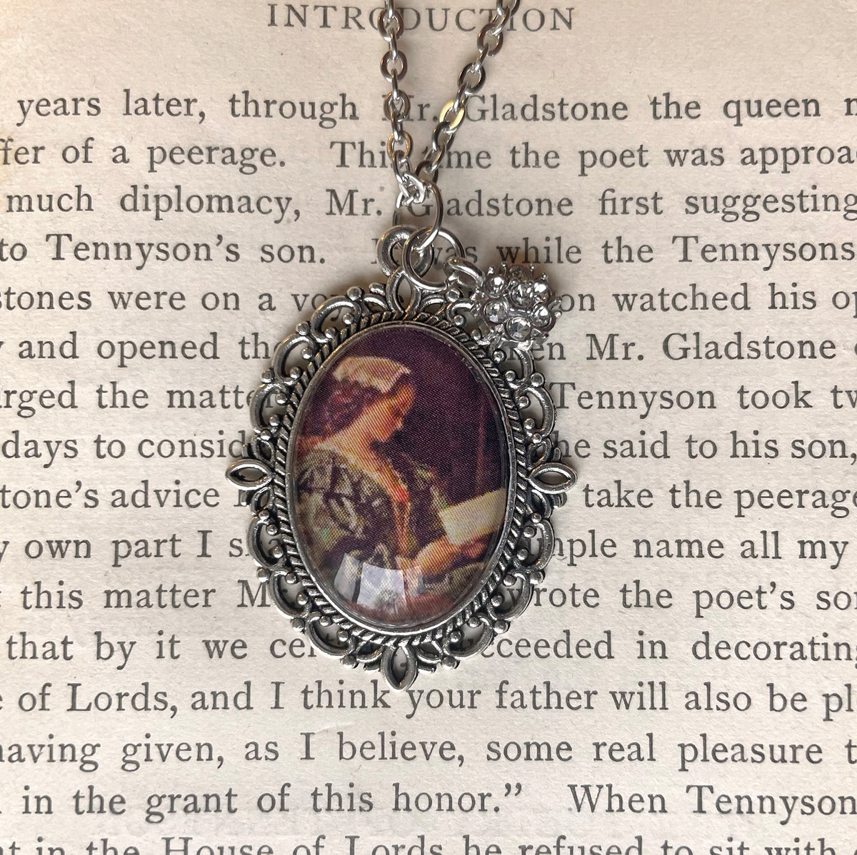 Portrait of Girl in Green Reading Pendant Necklace, Silver Necklace, Portrait Necklace, 18” silver chain