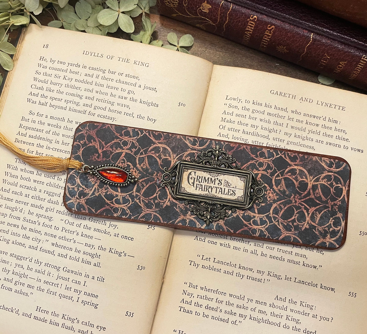 Grimm's Fairytales Bookmark: Handmade Wood Bookmark with Tassel and Charm
