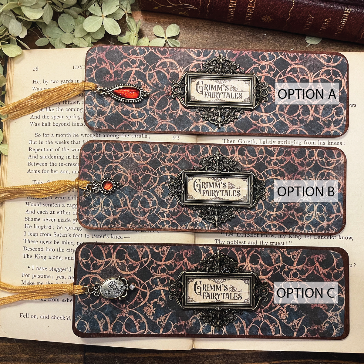 Grimm's Fairytales Bookmark: Handmade Wood Bookmark with Tassel and Charm