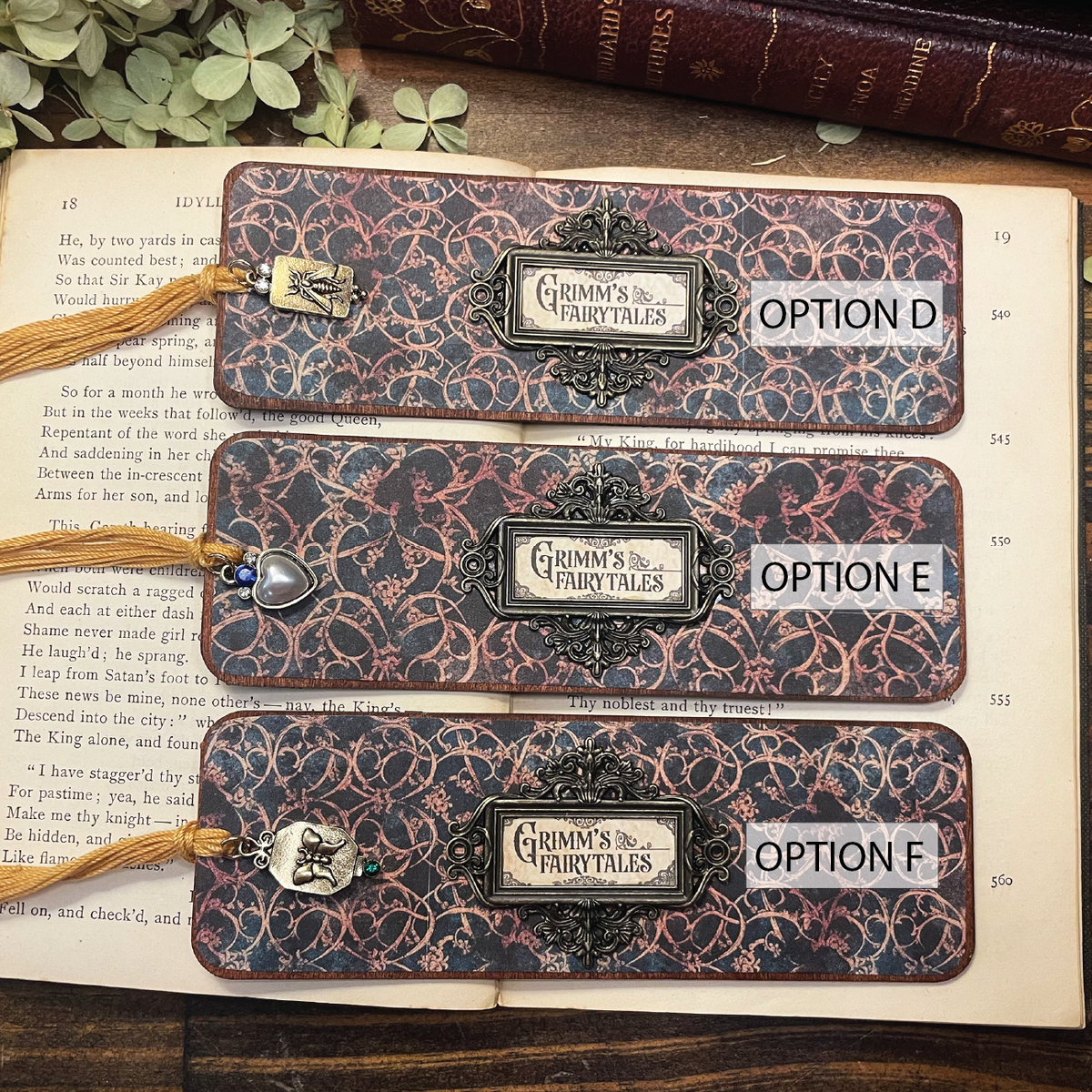 Grimm's Fairytales Bookmark: Handmade Wood Bookmark with Tassel and Charm