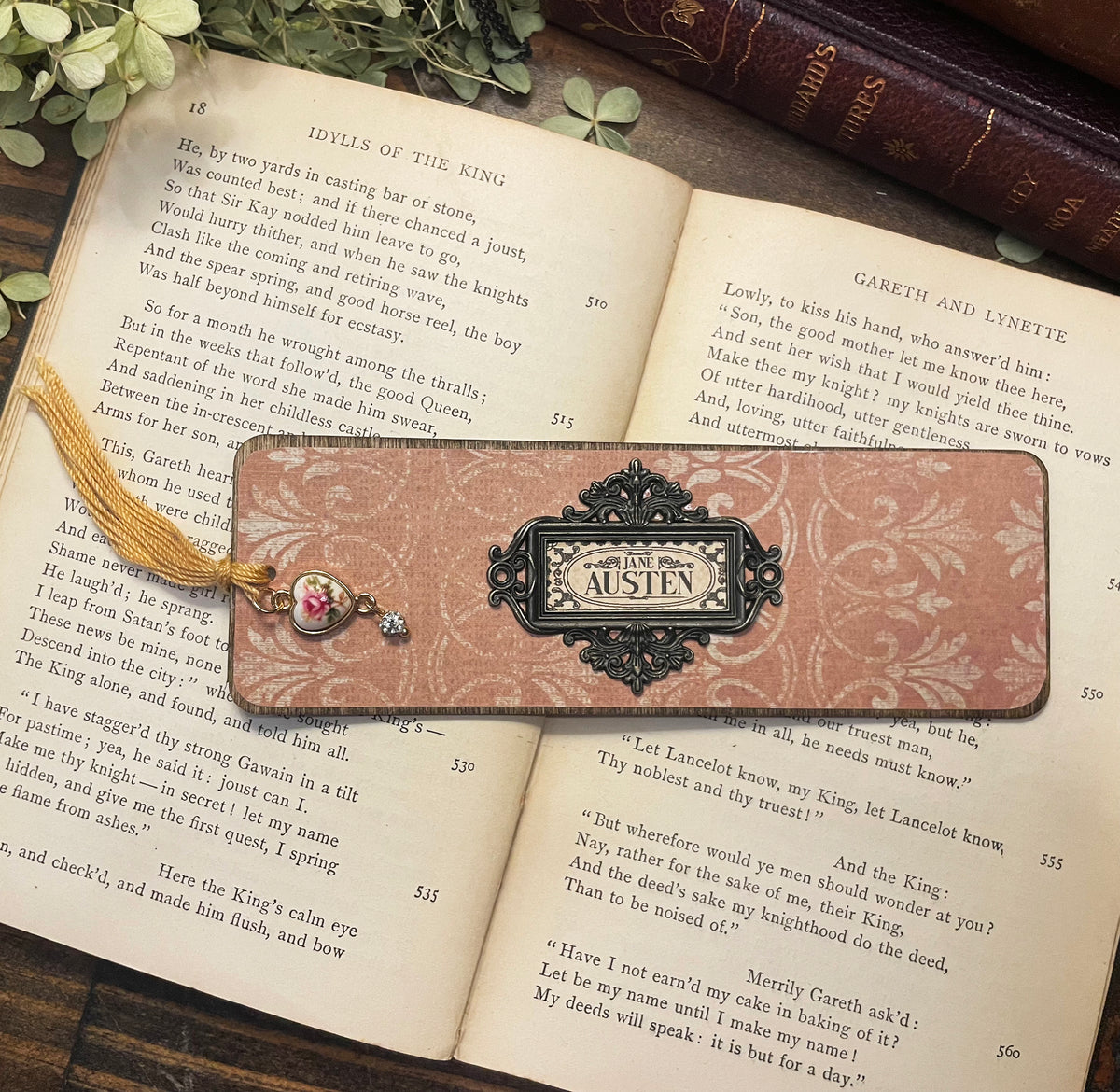 Jane Austen Bookmark: Handmade Wood Bookmark with Tassel and Charm