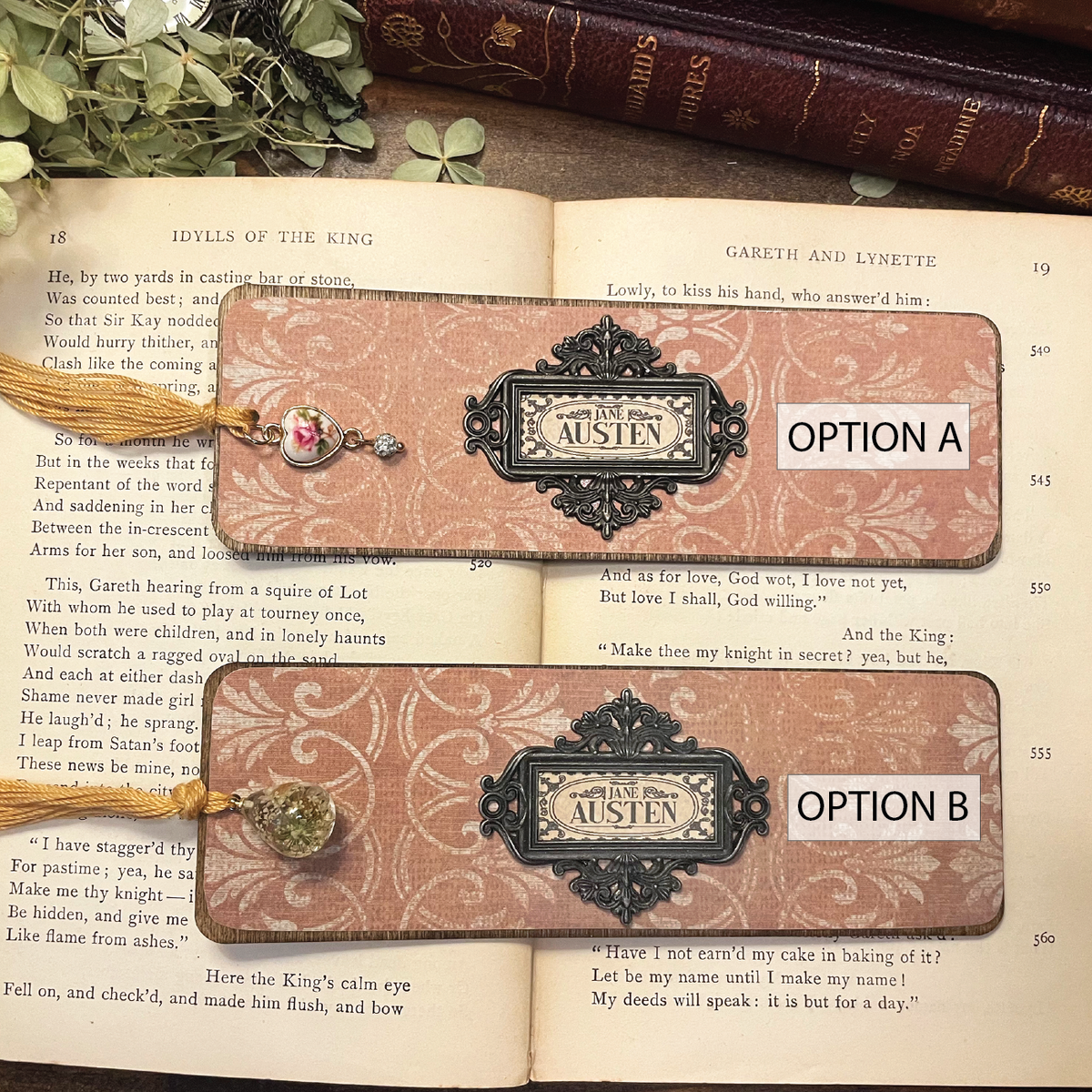 Jane Austen Bookmark: Handmade Wood Bookmark with Tassel and Charm