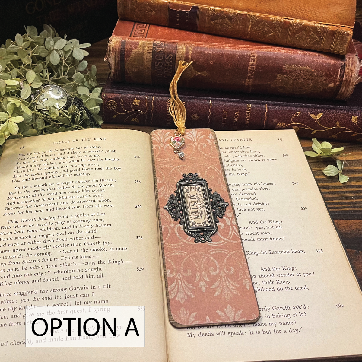 Jane Austen Bookmark: Handmade Wood Bookmark with Tassel and Charm