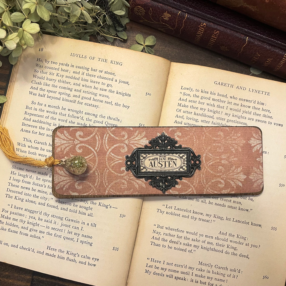 Jane Austen Bookmark: Handmade Wood Bookmark with Tassel and Charm