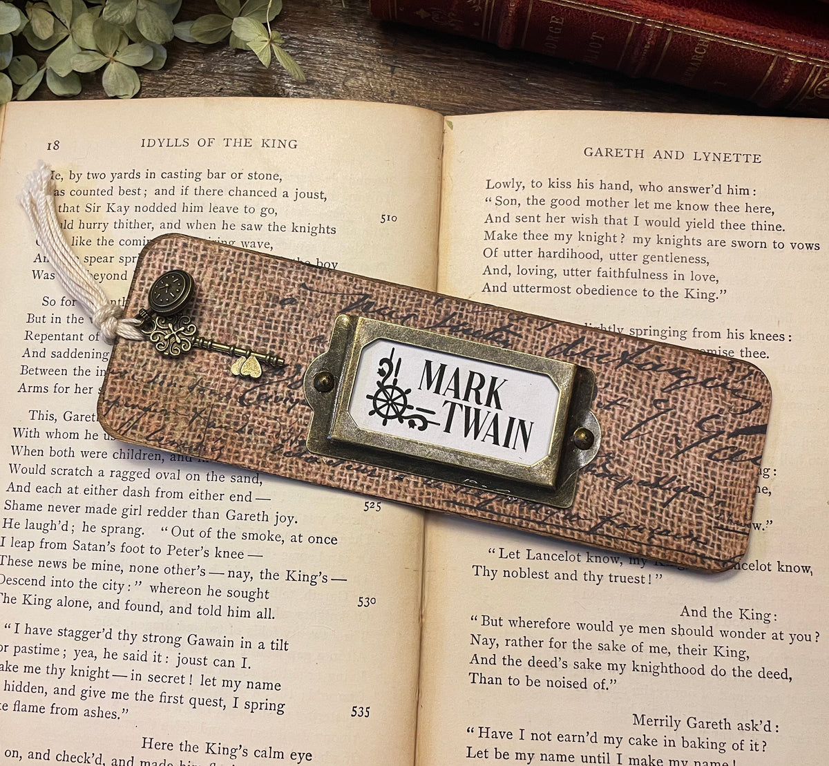 Mark Twain Bookmark: Handmade Wood Bookmark with Tassel and Charm
