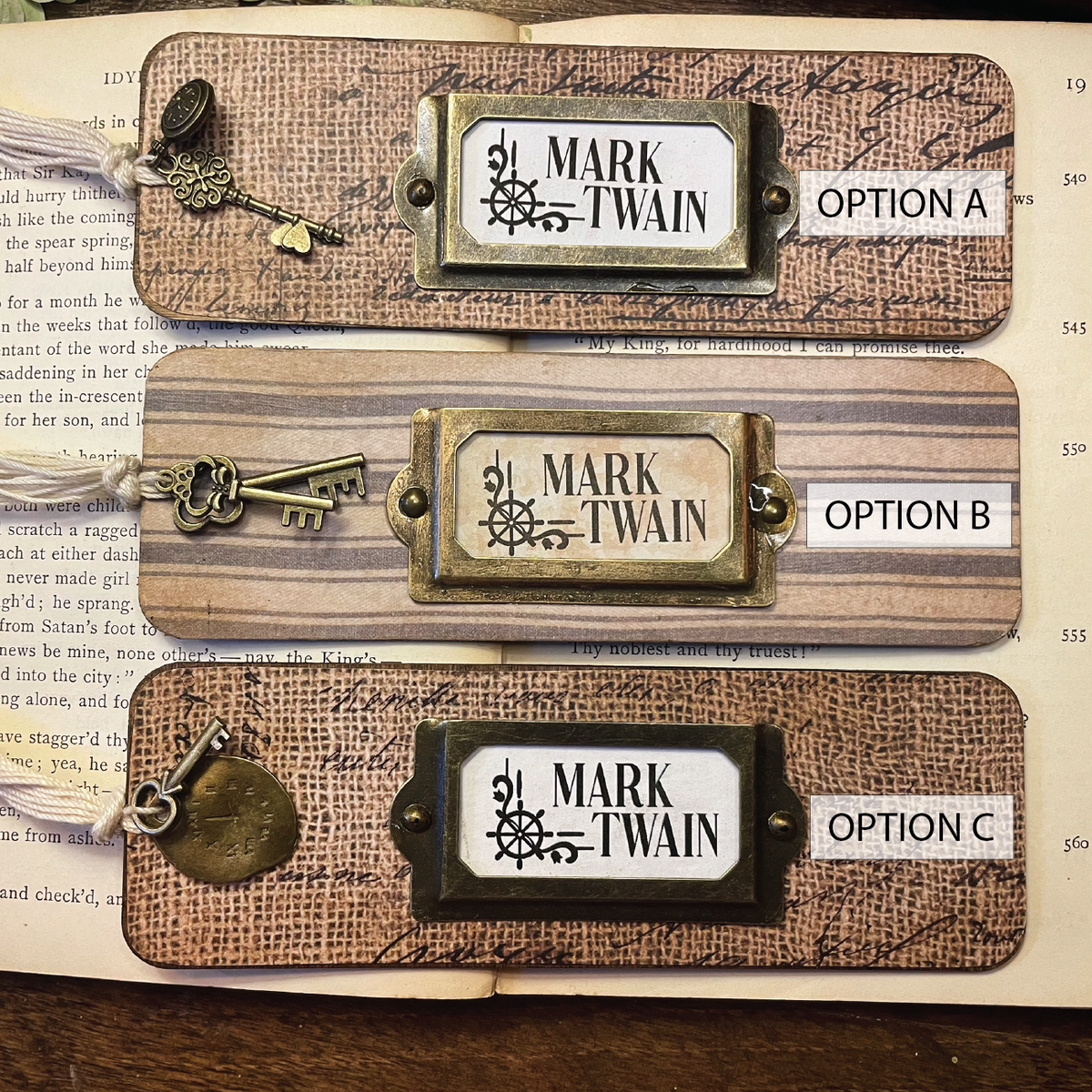 Mark Twain Bookmark: Handmade Wood Bookmark with Tassel and Charm