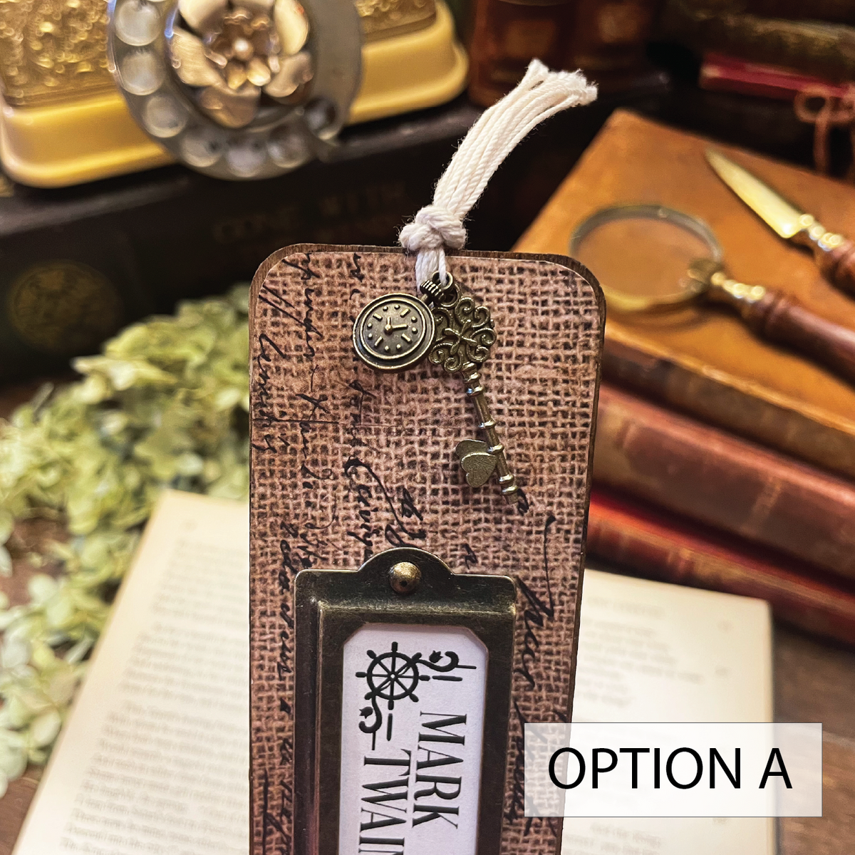 Mark Twain Bookmark: Handmade Wood Bookmark with Tassel and Charm