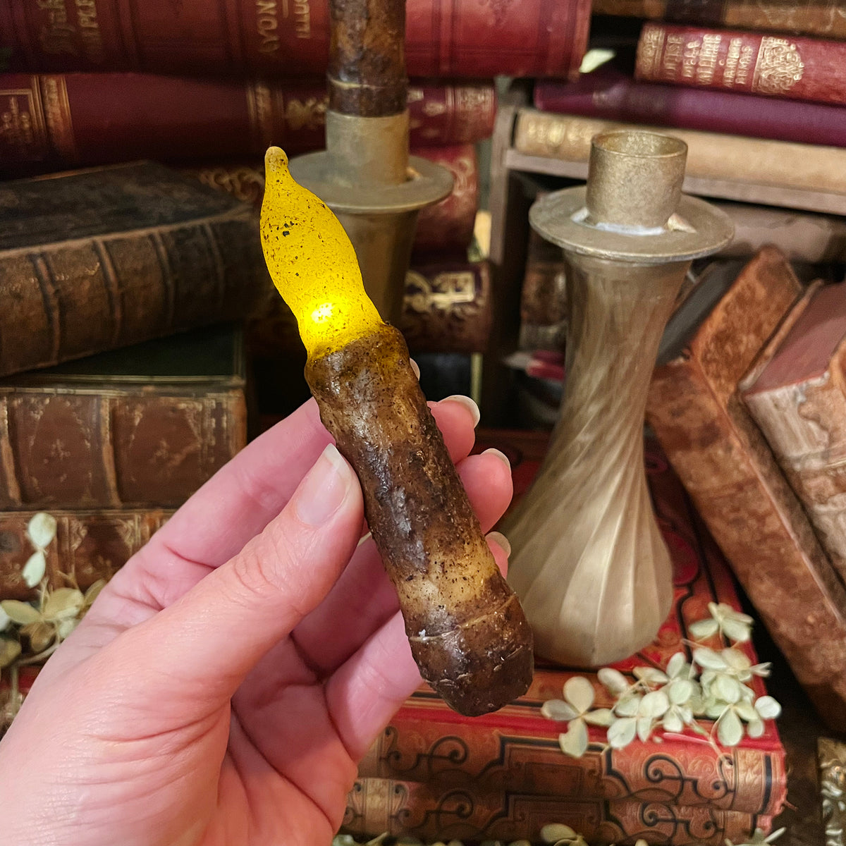 Dark Academia Gold Candlestick with Flickering Wax Candle, Battery-Operated