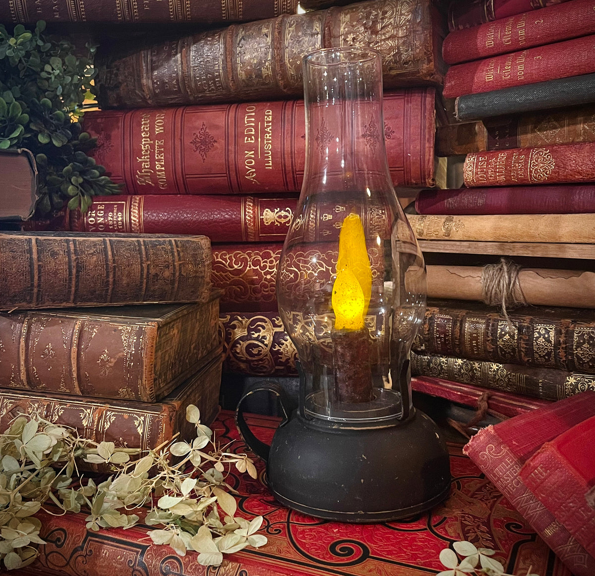 Vintage “Oil” Lantern, Battery Operated Lantern with Wax Candle, Rustic Lantern, Library Lantern, Lantern with Handle