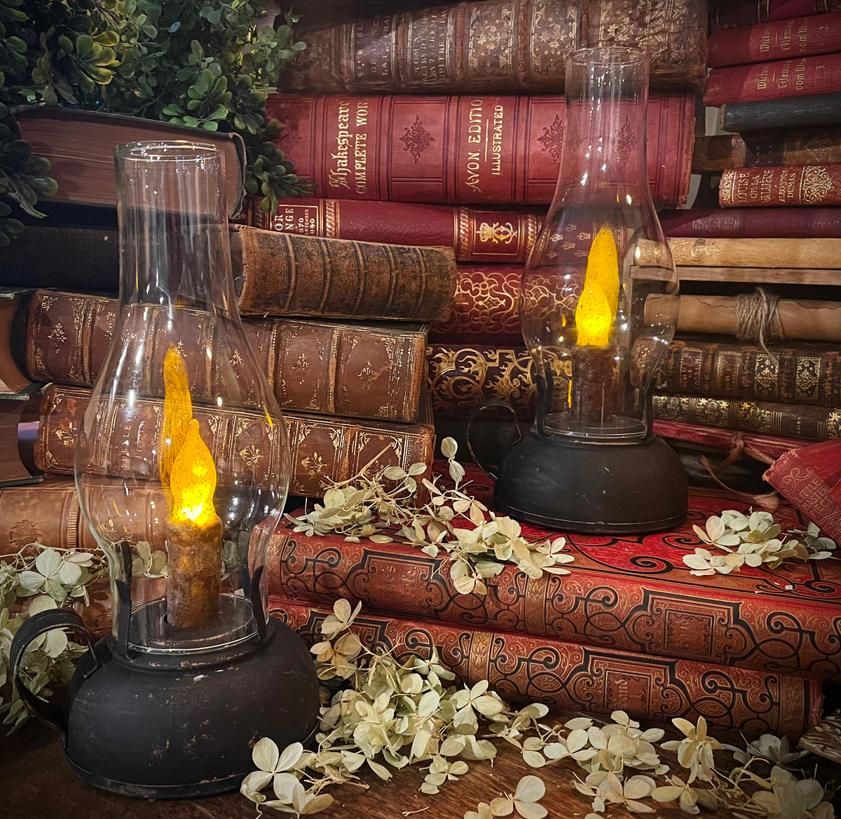 Vintage “Oil” Lantern, Battery Operated Lantern with Wax Candle, Rustic Lantern, Library Lantern, Lantern with Handle
