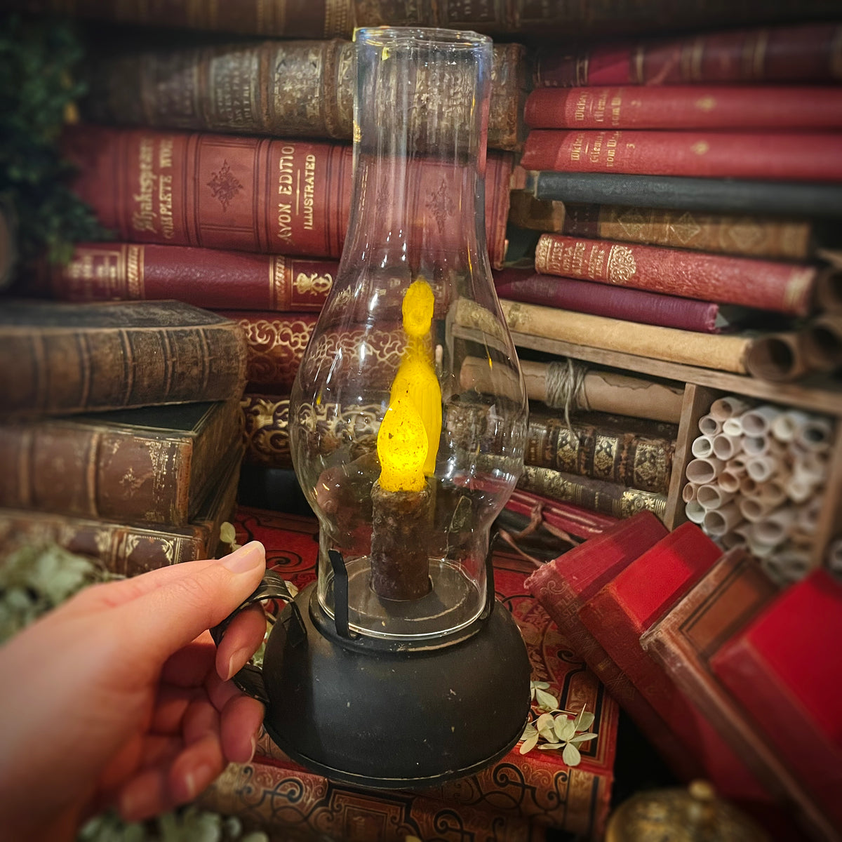 Vintage “Oil” Lantern, Battery Operated Lantern with Wax Candle, Rustic Lantern, Library Lantern, Lantern with Handle