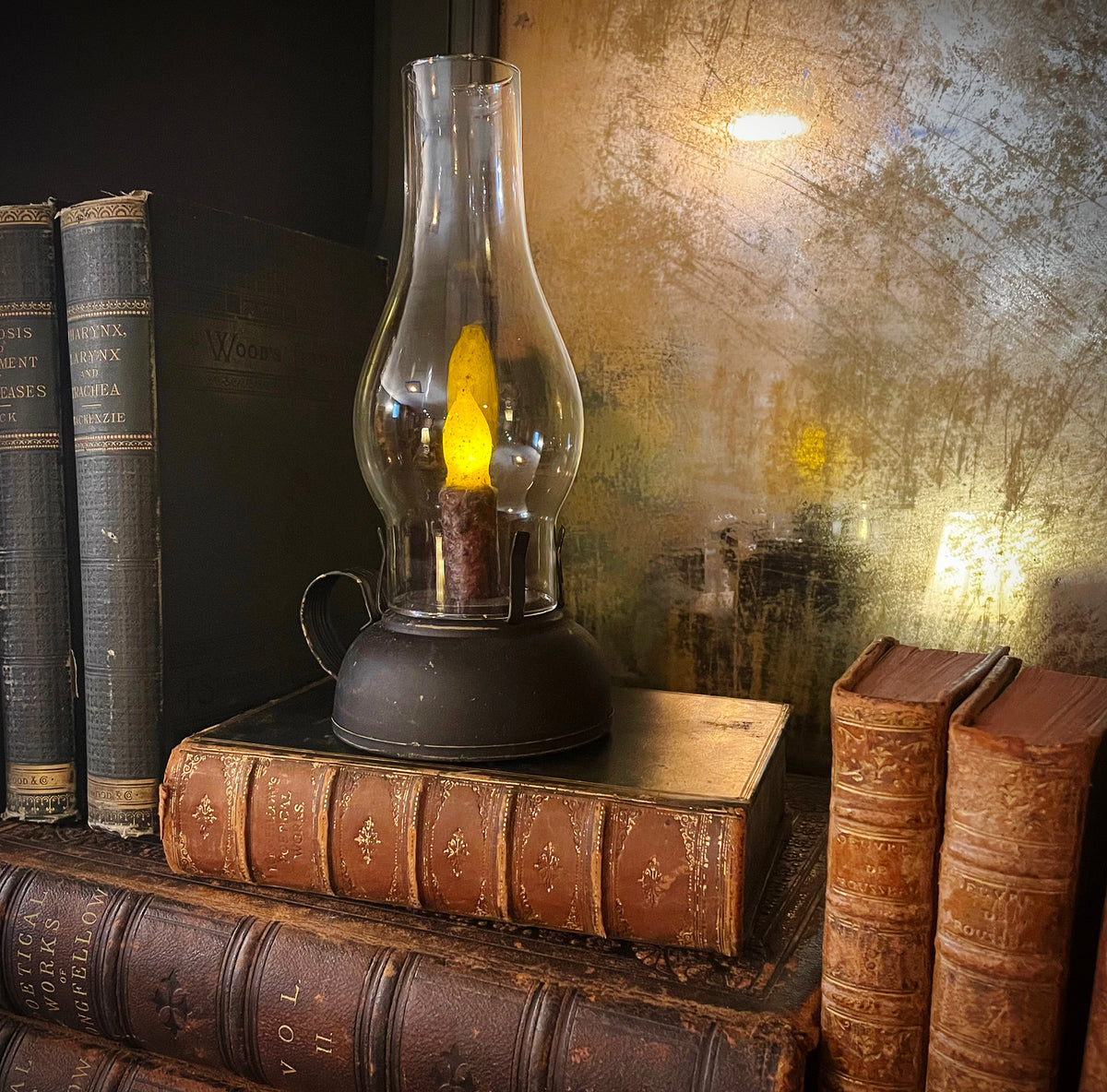 Vintage “Oil” Lantern, Battery Operated Lantern with Wax Candle, Rustic Lantern, Library Lantern, Lantern with Handle