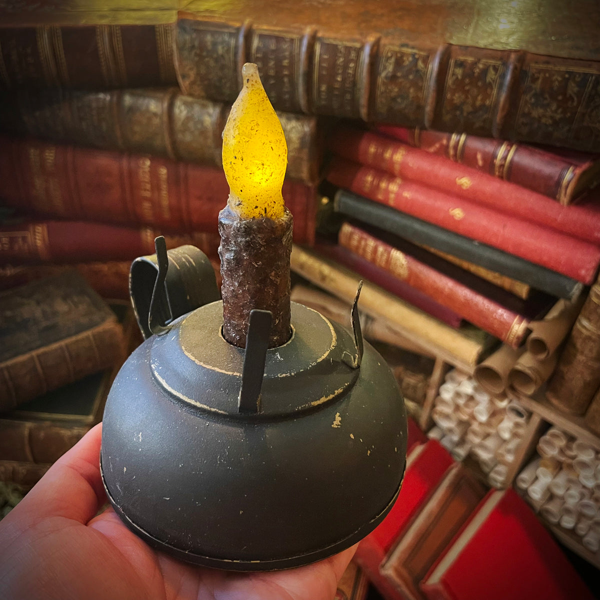 Vintage “Oil” Lantern, Battery Operated Lantern with Wax Candle, Rustic Lantern, Library Lantern, Lantern with Handle