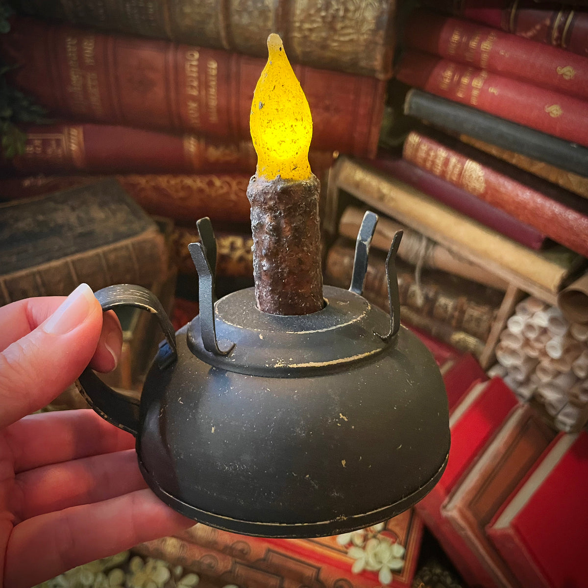 Vintage “Oil” Lantern, Battery Operated Lantern with Wax Candle, Rustic Lantern, Library Lantern, Lantern with Handle
