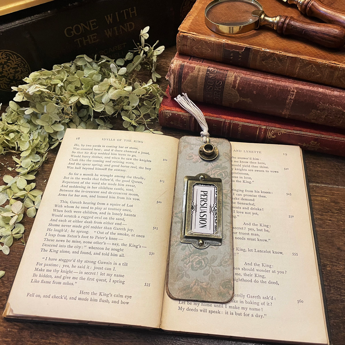 Persuasion Bookmark: Handmade Wood Bookmark with Tassel and Charm