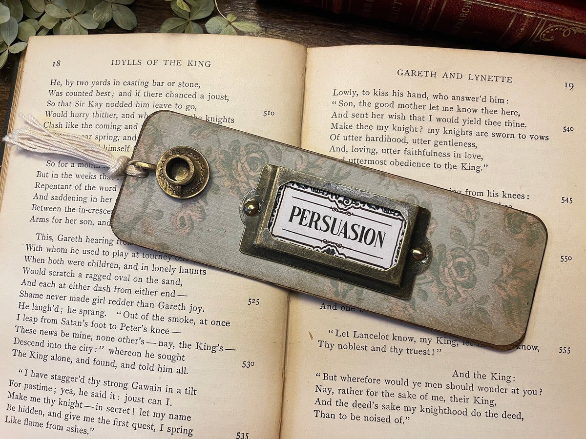 Persuasion Bookmark: Handmade Wood Bookmark with Tassel and Charm