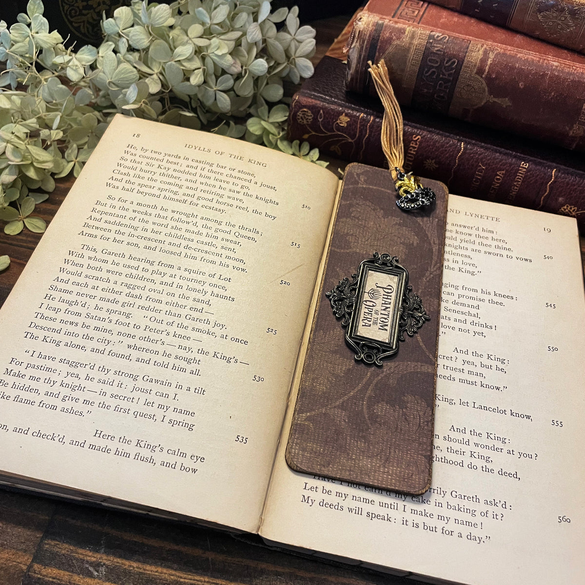 Phantom of the Opera Bookmark: Handmade Wood Bookmark with Tassel and Charm