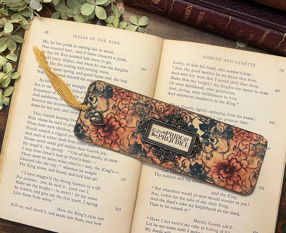 Pride and Prejudice Bookmark: Handmade Wood Bookmark with Tassel and Charm