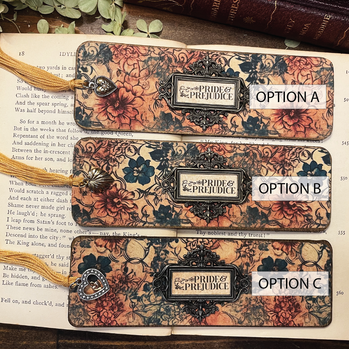 Pride and Prejudice Bookmark: Handmade Wood Bookmark with Tassel and Charm