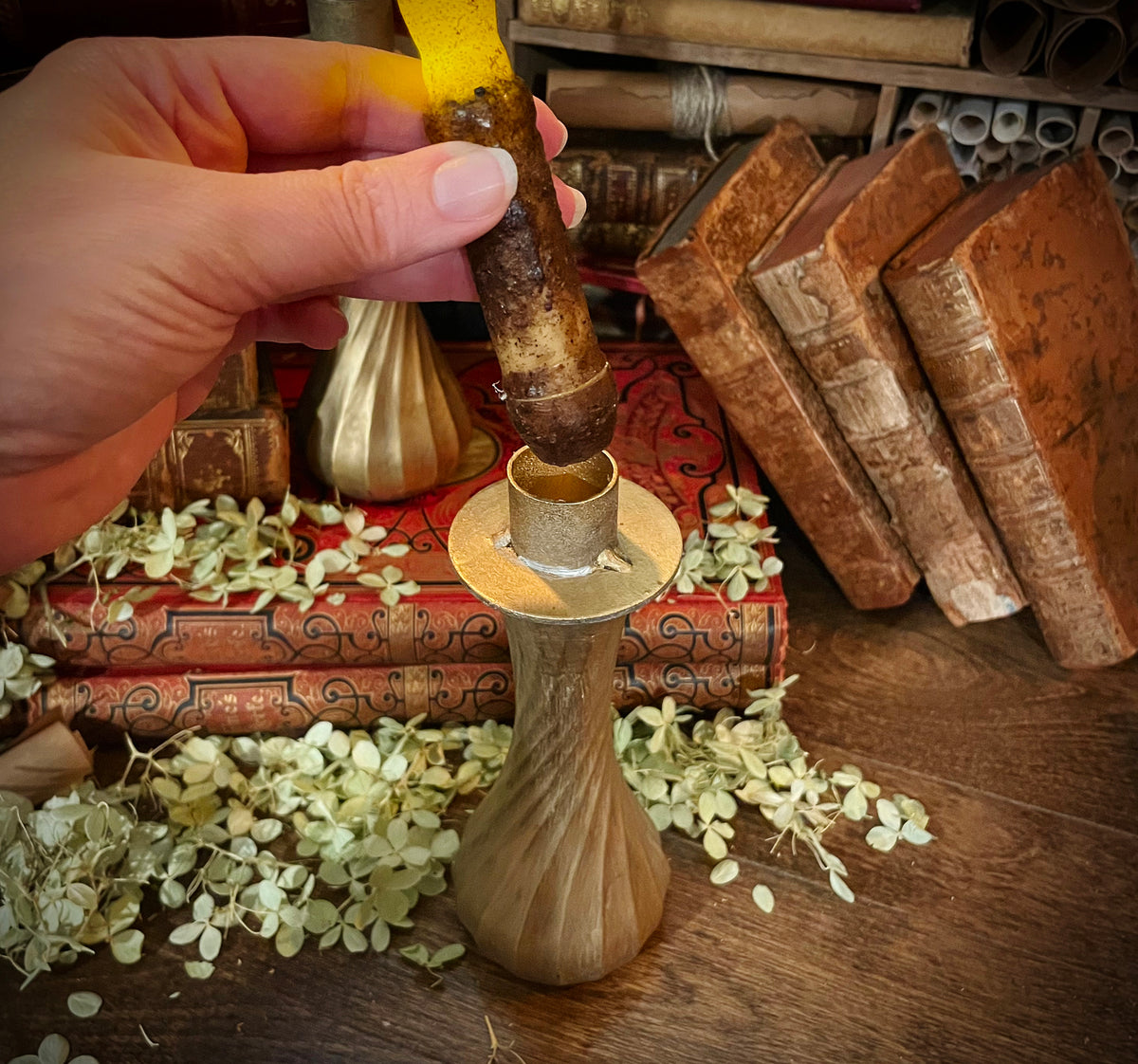 Antique Gold Candlestick with Flickering Wax Candle, Battery-Operated